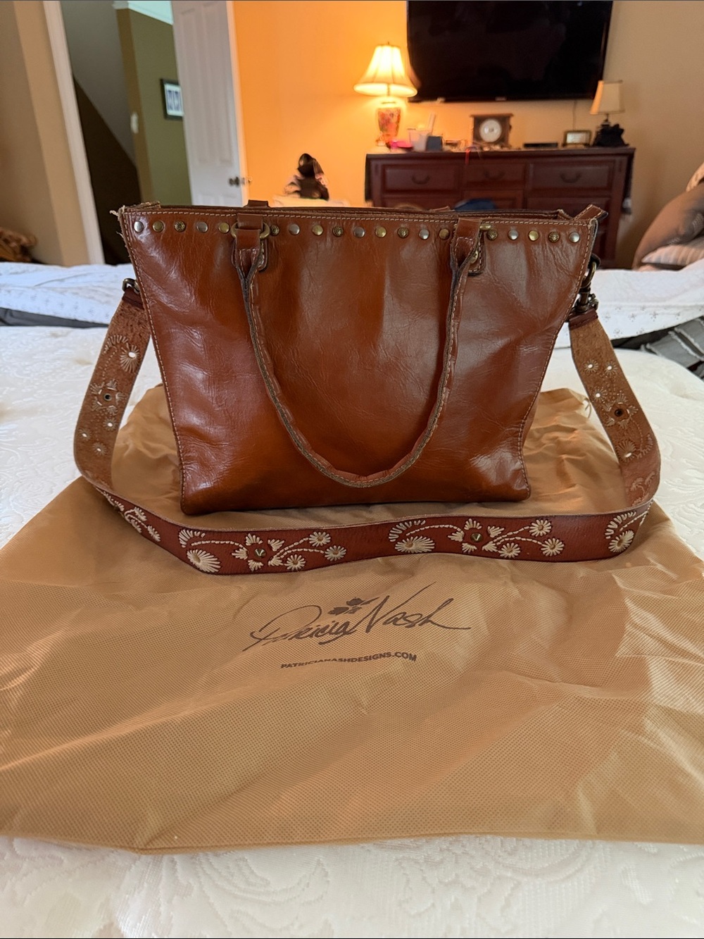 Patricia Nash Zancona Tote  Heritage Tan with cross-body strap and dust bag